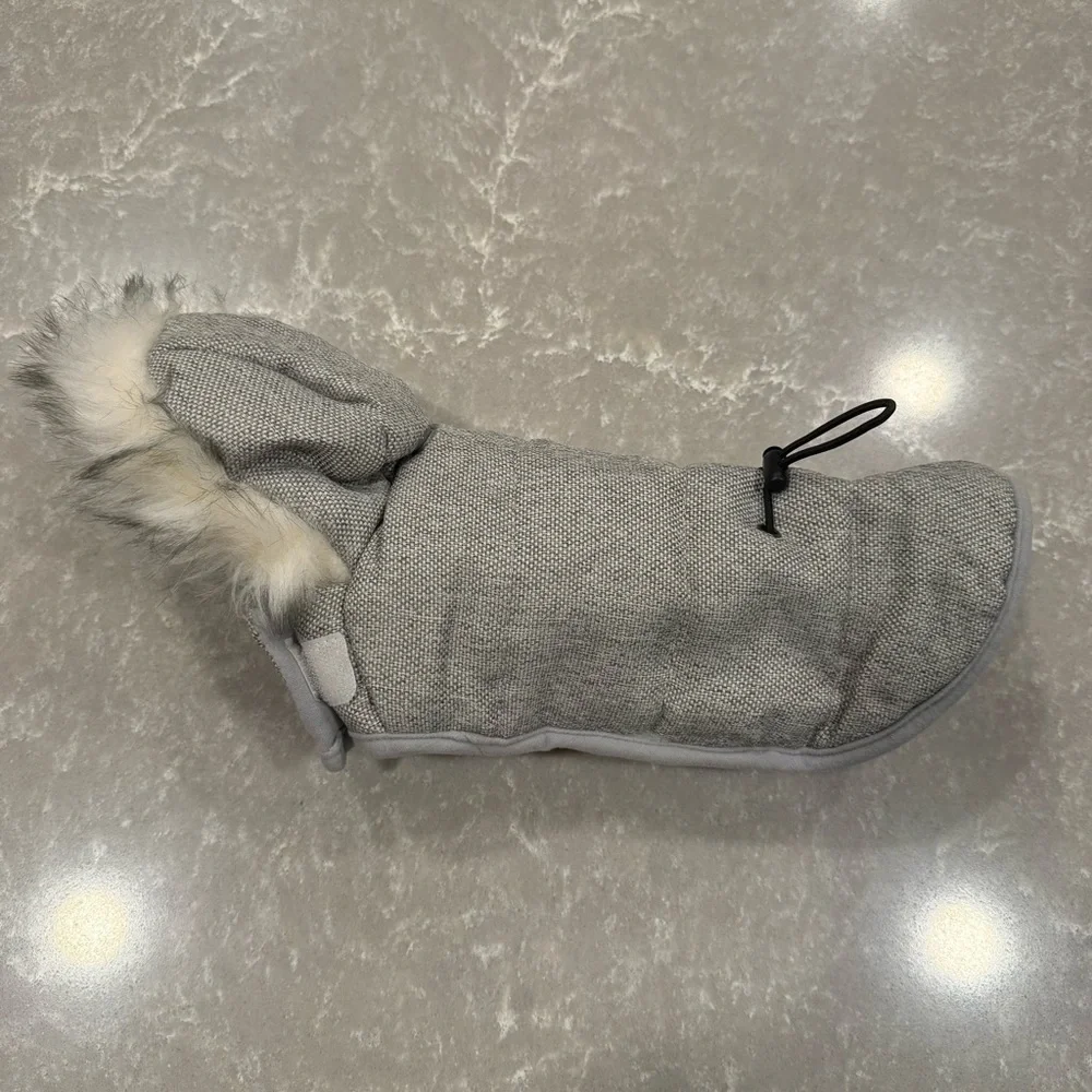 Gray Quilted Dog Winter Coat with Faux Fur Hood Size XS - Picture 10 of 11